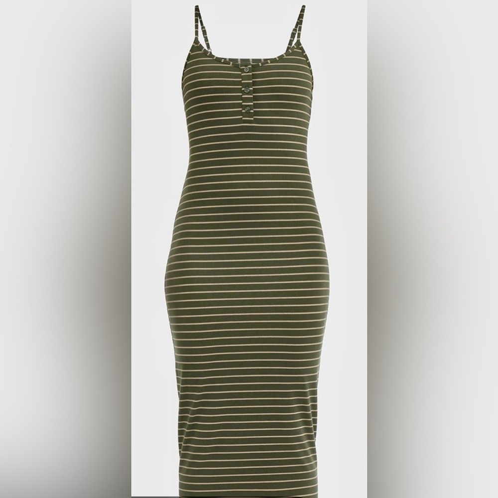Striped Sleeveless Fitted Maxi Dress in Olive/Beige S